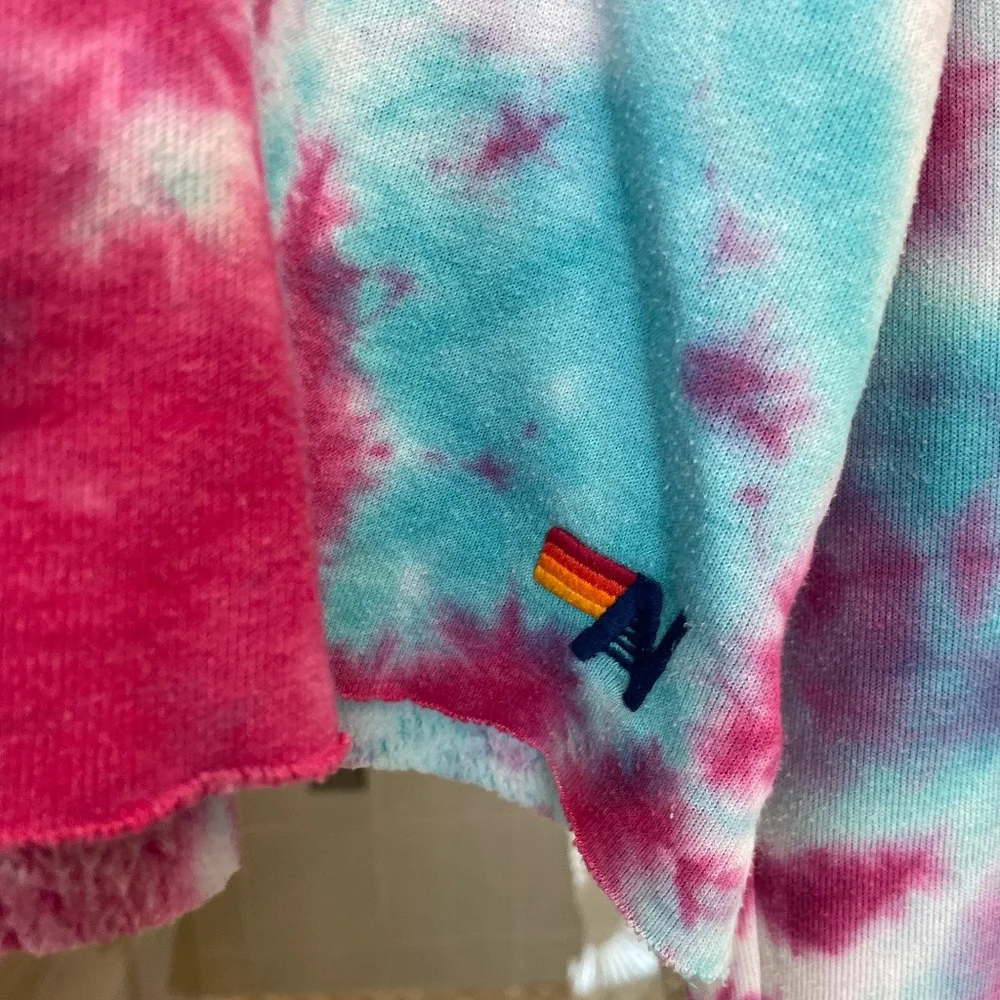 Aviator Nation Tie Dye Cropped Pullover Hoodie-Women's-size M-Turquoise - Picture 2 of 4